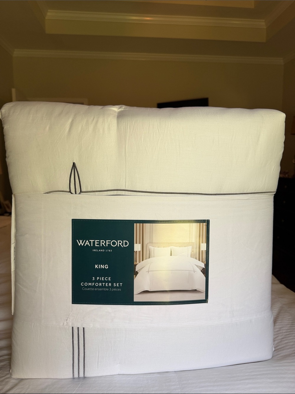 Waterford King Comforter Set in White with Subtle Charcoal Stitching